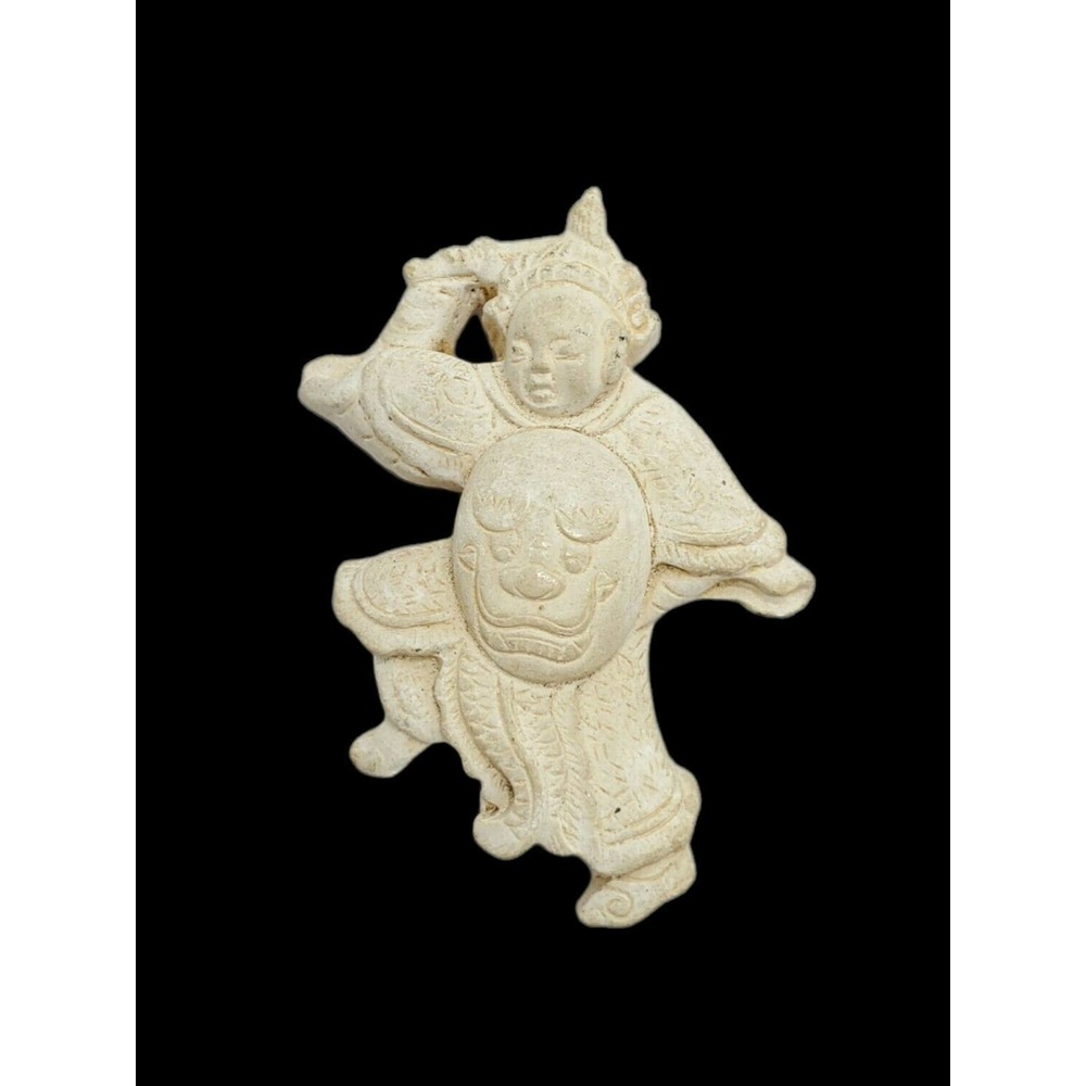 Rare Vintage Ceramic Plaster ? Asian God WARRIOR Samurai Man Dragon Brooch Pin
